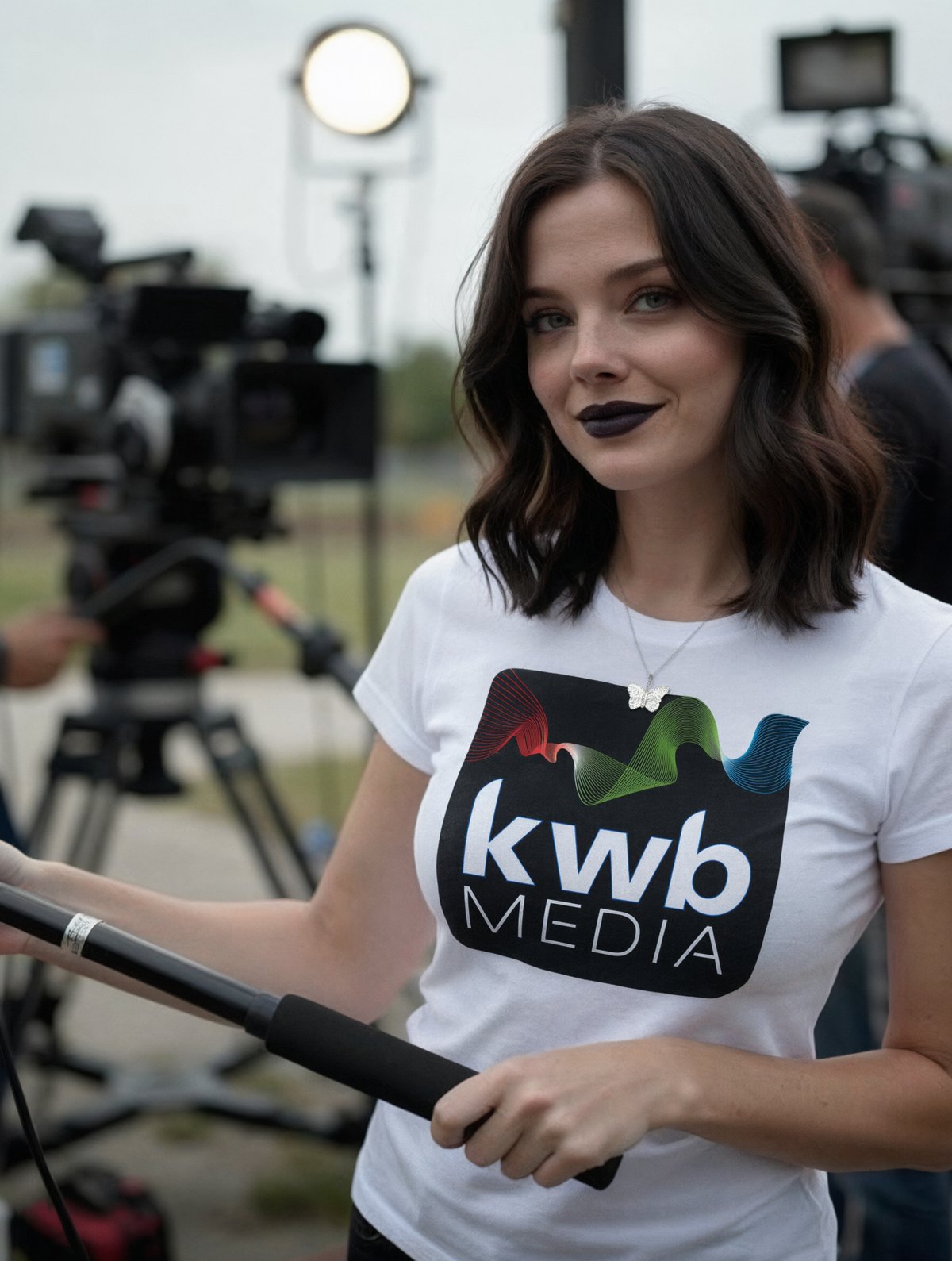 KWB Media crew member on set holding a boom pole, wearing a KWB Media t-shirt