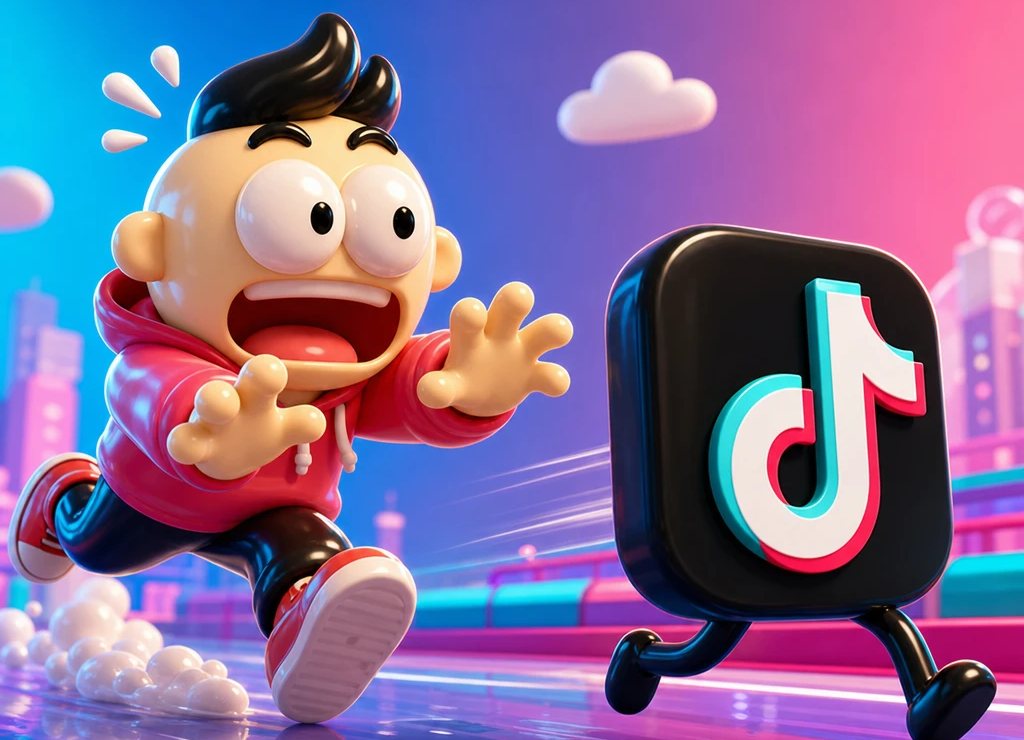 Cartoon character in a red hoodie running in panic from a giant TikTok app icon with little legs
