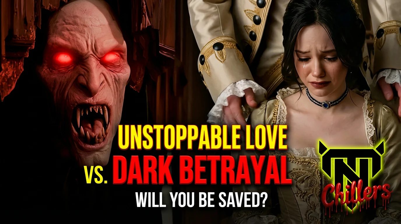 Nocturnal Chillers AI horror thumbnail made by KWB Media: a snarling red-eyed vampire beside a tearful woman in period costume