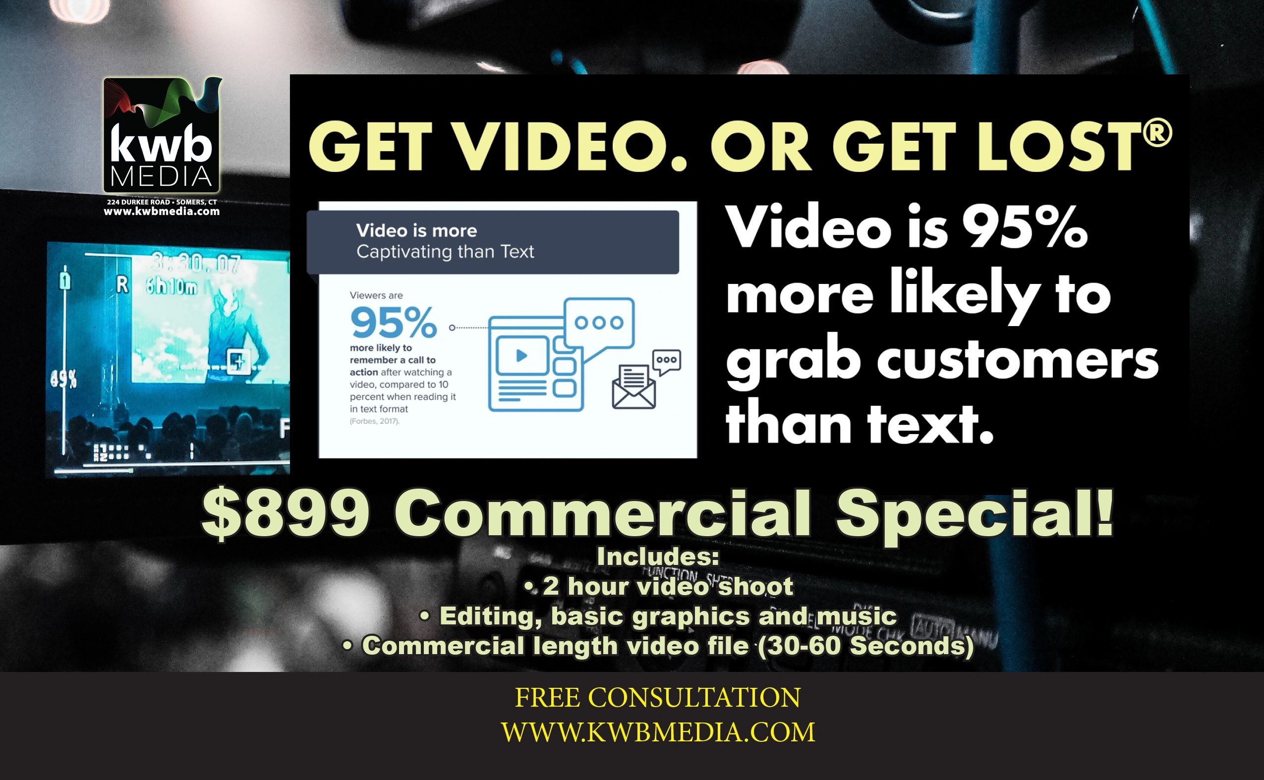 $899 Commercial Special: 2-hour video shoot, editing, basic graphics and music, and a 30-60 second commercial file