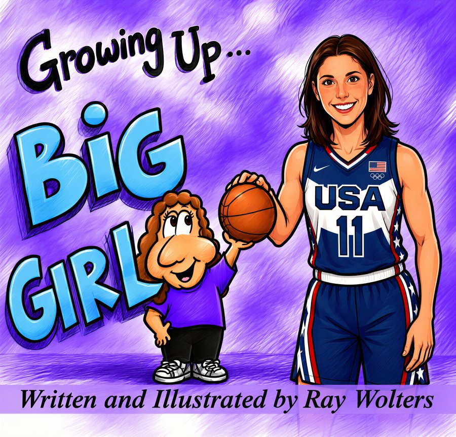 Cover of Growing Up... BIG GIRL, written and illustrated by Ray Wolters, showing a cartoon girl reaching for a basketball held by Olympian Kara Wolters