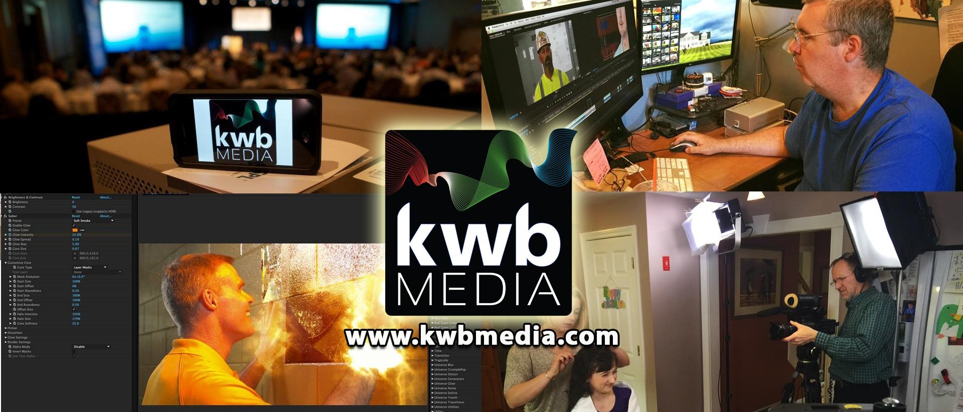 KWB Media video production montage - conferences, editing suites, animation and on-location shoots