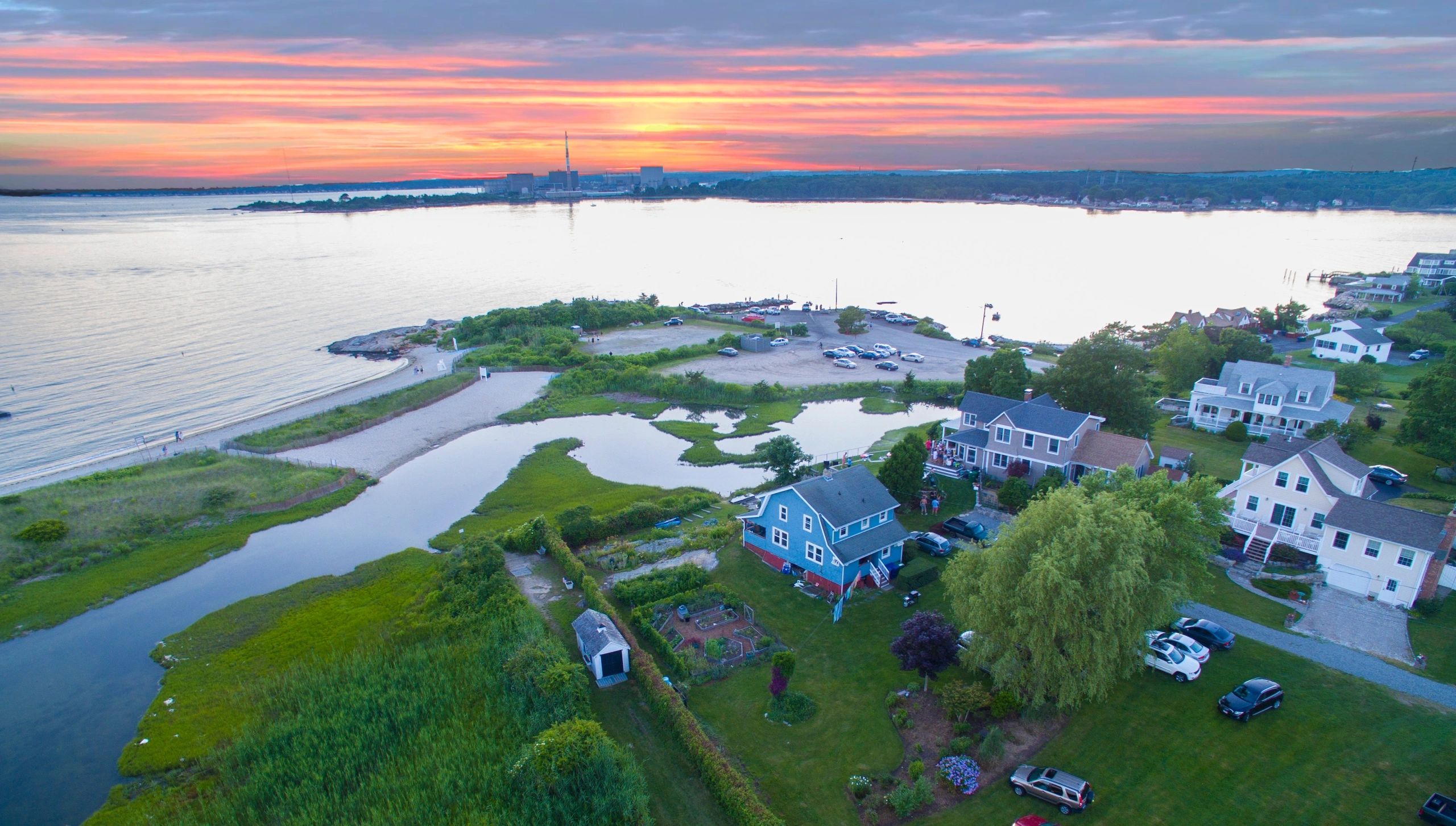 Drone aerial of Pleasure Beach at sunset