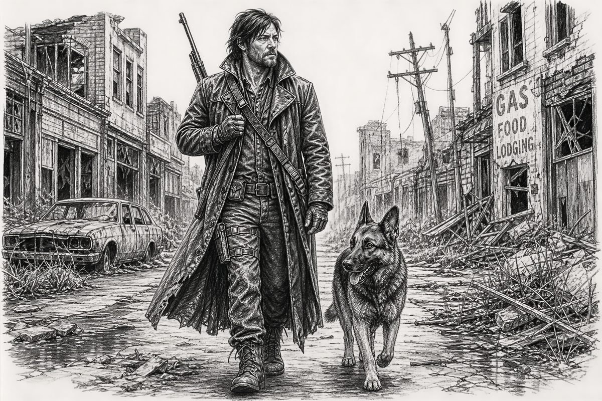 Pen-and-ink illustration from Shepherd and Dodge by Ray Wolters: a gunman in a long coat and a German Shepherd walk down a ruined, abandoned street