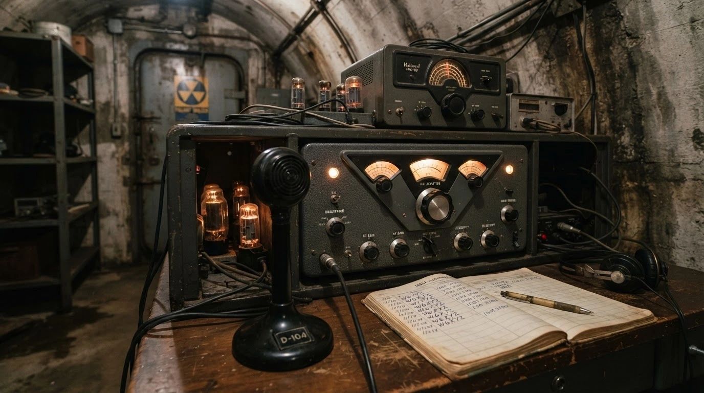 Vintage radio listening post in a dim bunker, a nod to the bots always listening