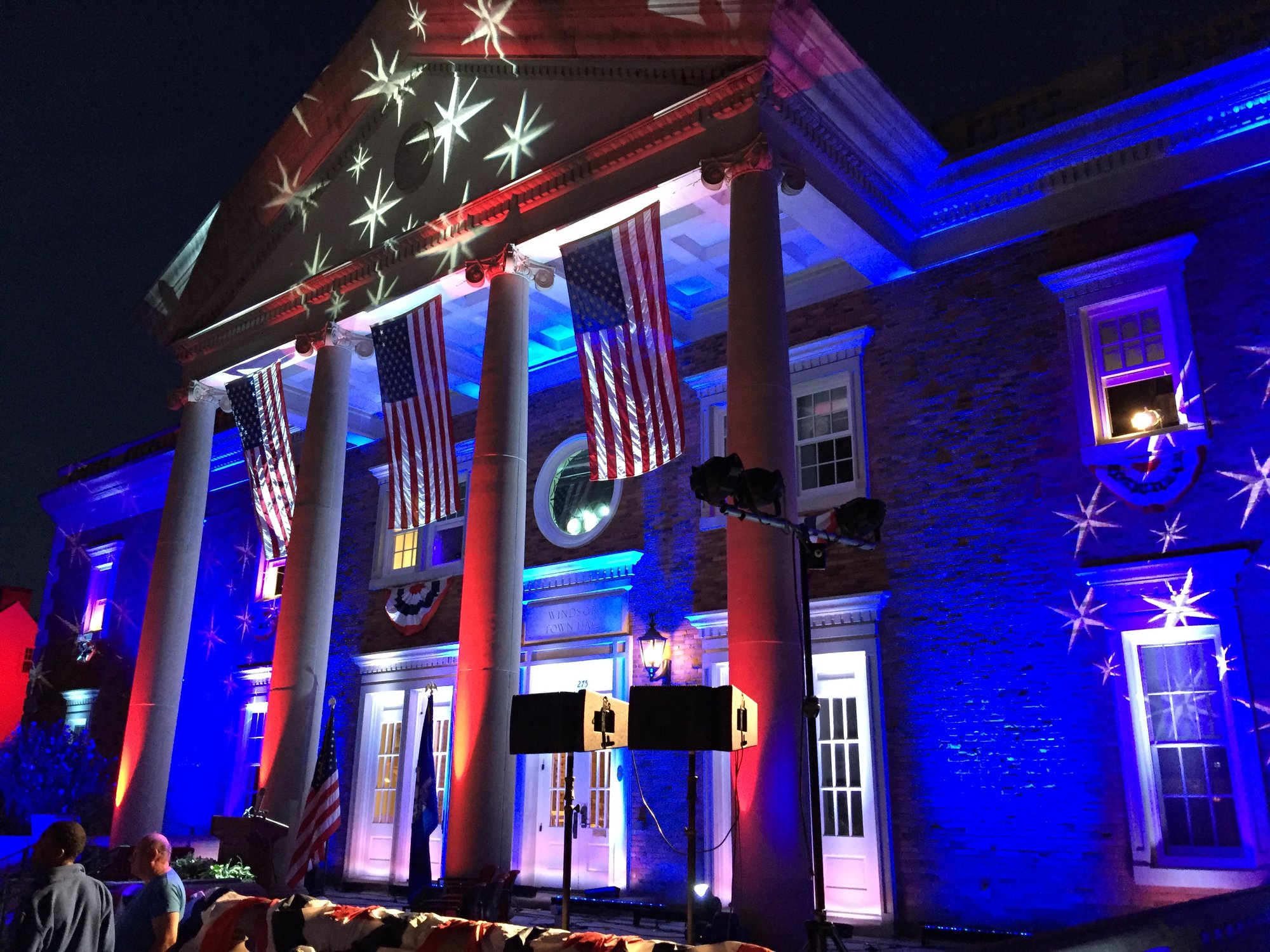 Windsor Town Hall lit in red, white and blue for a live event