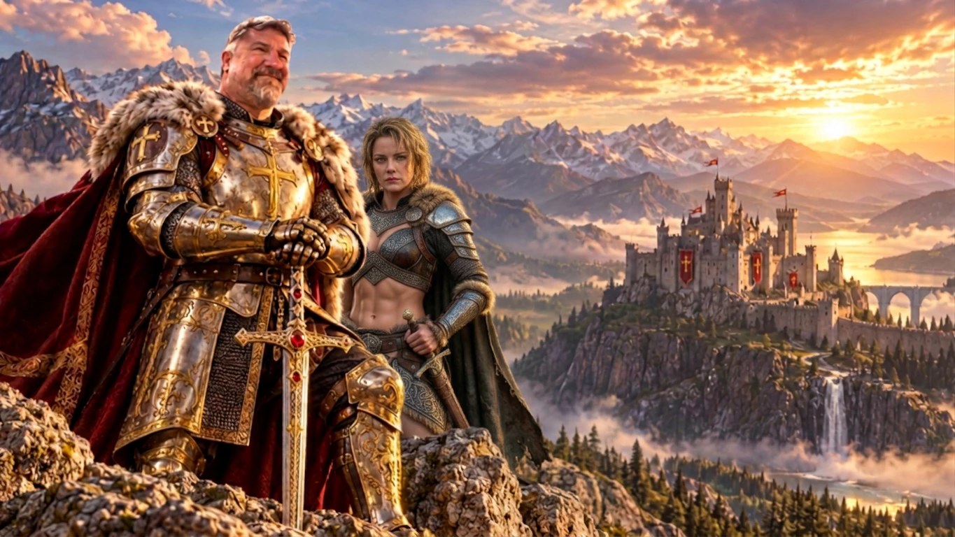 Ray's Realm: two armored heroes overlooking a mountain castle at sunset